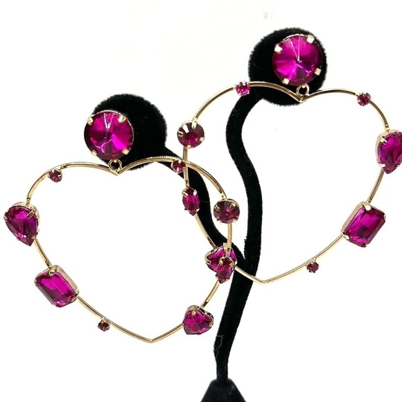 Heart-shaped Earrings Large with Pink Assorted Rhinestones Rose Gold Tone Barbie - Picture 8 of 13